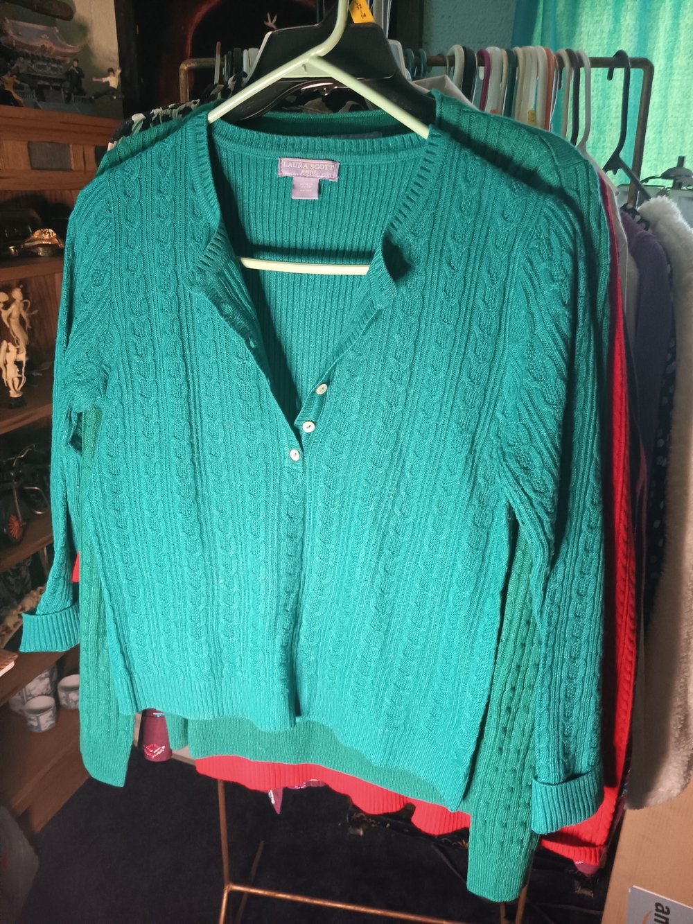 Laura Scott Teal Cable-Knit Henley Sweater